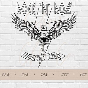 May include: Black and white graphic design of an eagle with wings spread wide, flying through a lightning bolt. The text "ROCK 'N' ROLL WORLD TOUR" is above the eagle.