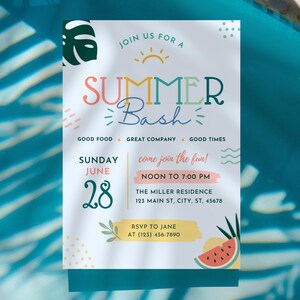 May include: A colorful invitation for a "Summer Bash" event, featuring text and graphics. The design includes a tropical theme with a watermelon slice, palm leaves, and the date: Sunday, June 28. The invitation also includes the time, location, and RSVP information.