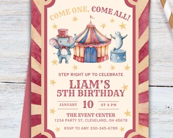Come One, Come All, Zirkuspartyeinladung, Karneval-Themaparty einladen, Zirkusparty mit drei Ringen, bearbeitbare anpassbare Evite-Vorlage, Canva
