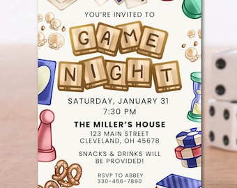 Board Game Night Invite, Family Game Party Invitation, Digital Evite, Printable Invite, Customizable, Game Night Housewarming Party