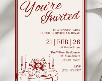 Hand Drawn Dinner Party Invite, Editable Birthday Dinner Invite, Supper Club Invite, Birthday Brunch Invite, Customizable Template, Canva