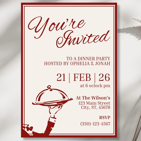 Elegant Dinner Party Invitation, Adult Birthday Dinner Invitation, Cocktail Evite, Friends Dinner, Classy, Minimal, Traditional, Digital
