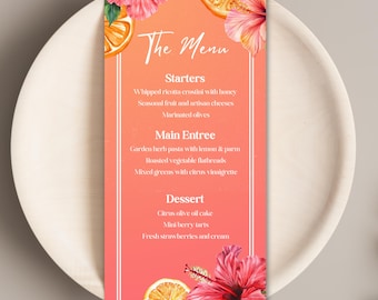 Tropical Menu Template for Sunset Soiree, Summer Party, Bar Sign for Citrus Bridal Shower, Pink and Orange Bachelorette Party, Pool Party
