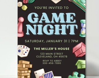 Game Night Invite, Family Board Game Night Invitation, Digital Games Night Evite, Game Party Invite, Game Night Housewarming Party, Editable