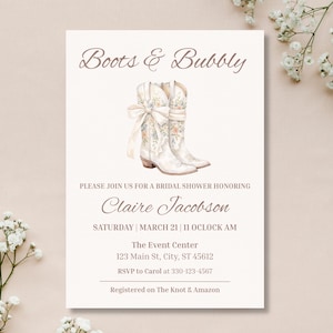 Plantilla de invitación para despedida de soltera con botas vaqueras y burbujas, invitación editable para despedida de soltera campestre, despedida rústica, invitaciones del oeste, imprimible, Evite