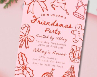Editable Friendsmas Party Invitation Pink Christmas Theme Digital Printable Canva Template Holiday Evite