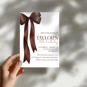 Classic neutral birthday invitation with statement espresso bow, ideal for 18th birthday, 30th birthday decor, or any age celebration.