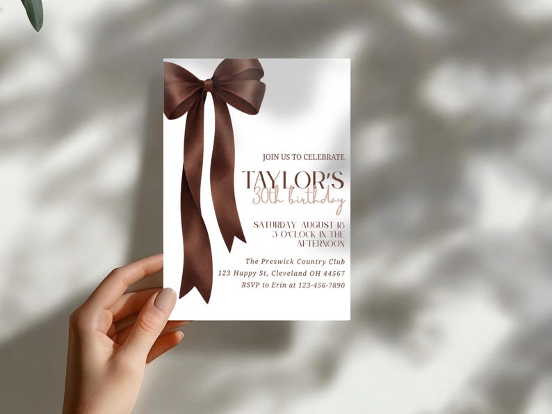 Classic neutral birthday invitation with statement espresso bow, ideal for 18th birthday, 30th birthday decor, or any age celebration.