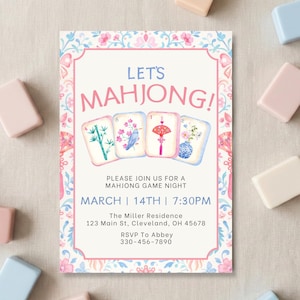 Mahjong invitation featuring pastel floral border and illustrated mahjong tiles, perfect for a mahjong party, mahjong night, or family game night invite.