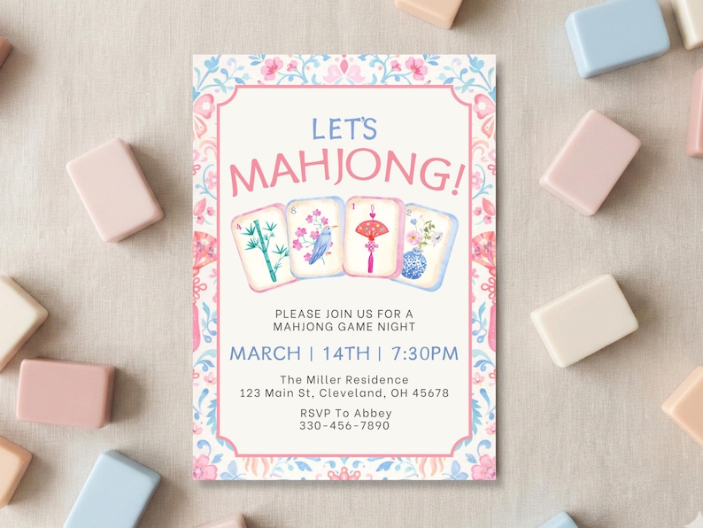 Mahjong invitation featuring pastel floral border and illustrated mahjong tiles, perfect for a mahjong party, mahjong night, or family game night invite.