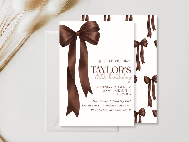 Neutral brown bow birthday invite featuring a chic espresso color palette and custom text for a stylish 30th birthday or sweet sixteen party.