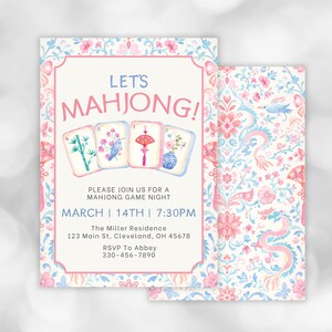 Mahjong game night invite with soft pink and blue florals and classic mahjong tile artwork, ideal for a mahjong game, friend game night, or family party games.