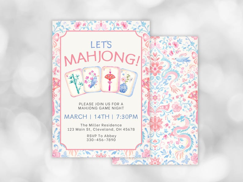 Mahjong game night invite with soft pink and blue florals and classic mahjong tile artwork, ideal for a mahjong game, friend game night, or family party games.
