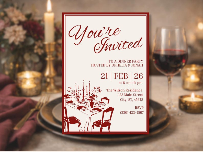 May include: An invitation for a dinner party, with the text "You're Invited" in elegant script. The invitation is framed in burgundy, with details including the date, time, and location. A wine glass and candles are in the background.