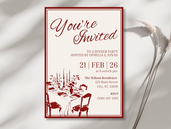 Dinner Party Invitation Template, Fancy Birthday Dinner Invite, Friends Supper Evite, Editable, Printable, Canva, Special Event Invite