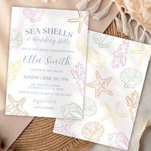 Sea Shells and Wedding Bells Colorful Bridal Shower Invitation Template, Coastal Nautical Invite, Seaside Ocean Theme, Beach Bride, Canva