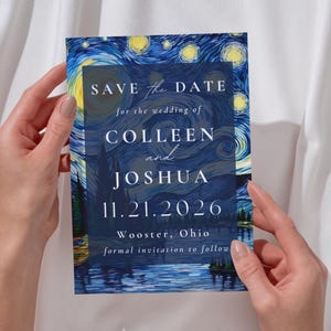 May include: A rectangular wedding invitation with a dark blue background, featuring a starry night design. The text "SAVE the DATE" and wedding details for Colleen and Joshua are displayed. The date is November 21, 2026, in Wooster, Ohio.