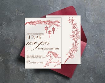 2026 Chinese New Year Party Invite, Lunar New Year, Year of The Horse Invitation, Chinese Celebration, Good Fortune, Digital Canva Template