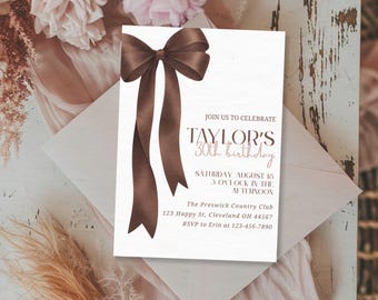 Invitación de cumpleaños con lazo marrón, invitación para fiesta coqueta, temática espresso, decoración de cumpleaños para cualquier edad, niña, plantilla editable de Canva, invitación personalizada