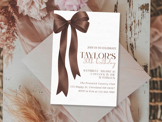 Brown Bow Birthday Invitation, Coquette Party Invite, Espresso Theme, Any Age Bday Decor, Girl, Editable Canva Template, Personalized Invite