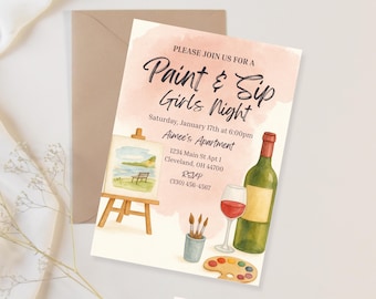 Puede incluir: Una tarjeta de invitación Paint & Sip Girls Night con fondo de acuarela. Incluye un caballete con un paisaje, una botella de vino, una copa de vino tinto, pinceles en un recipiente y una paleta. El texto muestra los detalles del evento.