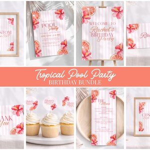 May include: A collection of tropical-themed party supplies. Includes invitations, signs, and cupcake toppers with a pink and white striped background, hibiscus flowers, and orange slices. The text includes "Pool Party", "Rachel's Birthday Party", and "Thank You".