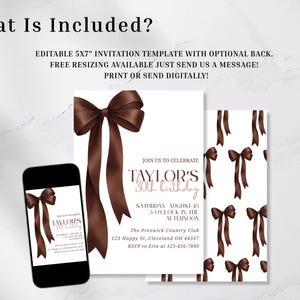 Coquette-inspired birthday party invite with deep brown bow design, minimal layout, and custom event details for teen or adult birthdays.