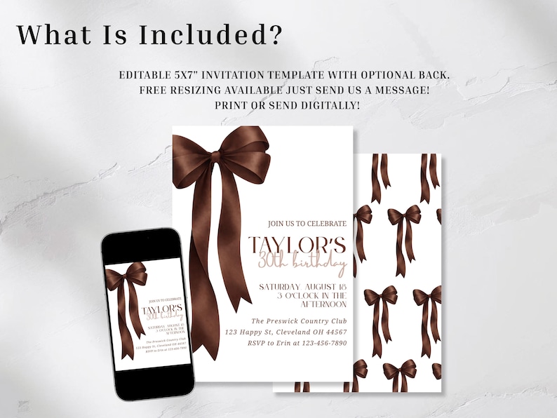 Coquette-inspired birthday party invite with deep brown bow design, minimal layout, and custom event details for teen or adult birthdays.