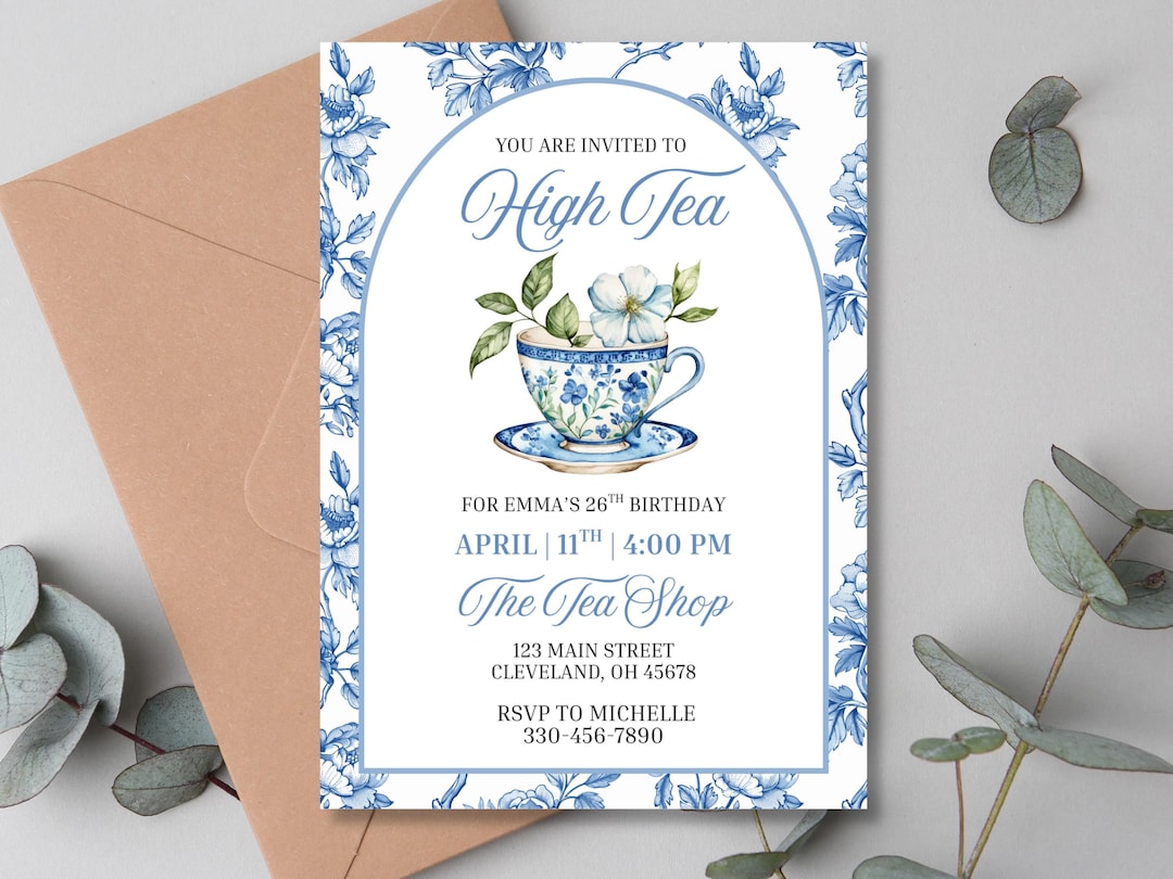 High Tea Party Invitation, Birthday Partea Evite, Blue Chinoiserie ...