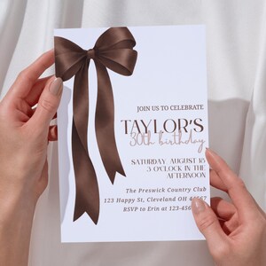 Traditional elegant birthday invitation with oversized espresso ribbon and soft script lettering, perfect for a personalized milestone celebration.