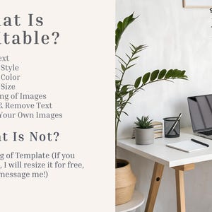 May include: A workspace with a laptop, notepad, and pen on a white desk. The text "What Is Editable?" lists editable features. A potted plant and a small succulent are also visible. The Sparrow Printing Co. logo is in the upper right.