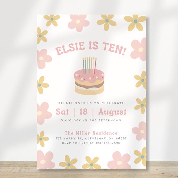 Blumen Kinder Party Einladung Vorlage, personalisierte Retro Daisy Mädchen Geburtstag einladen, bearbeitbare Tween Evite, Frühling und Sommer Bday Party