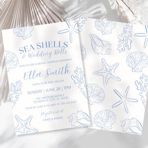 Sea Shells and Wedding Bells Bridal Shower Invitation Template, Coastal Nautical Invite, Beach Wedding Shower, Ocean Theme Party Printables