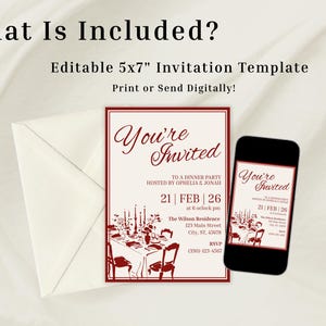 May include: An invitation template with the text "You're Invited" in burgundy script. The design includes a dinner party scene and event details. A smartphone displays the invitation, and an envelope is also present.