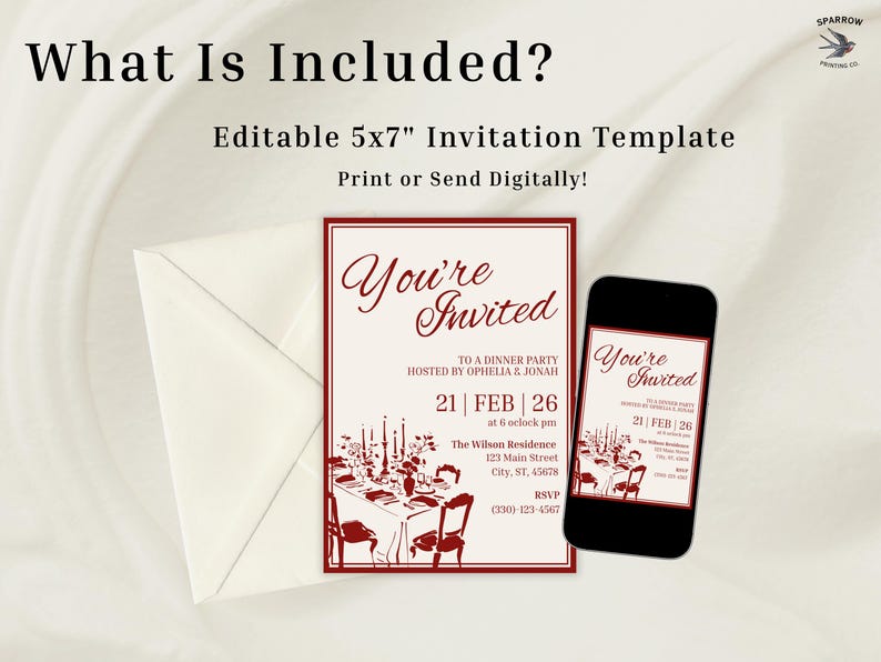 May include: An invitation template with the text "You're Invited" in burgundy script. The design includes a dinner party scene and event details. A smartphone displays the invitation, and an envelope is also present.