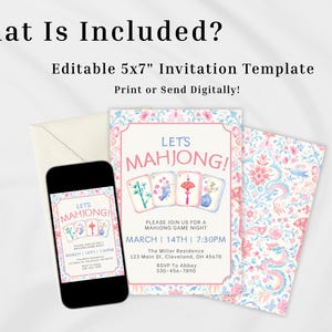 A 5x7 inch invitation template for a Mahjong game night. The invitation features a floral design with the text "Let's Mahjong!" and event details. There is also a smartphone displaying the invitation.