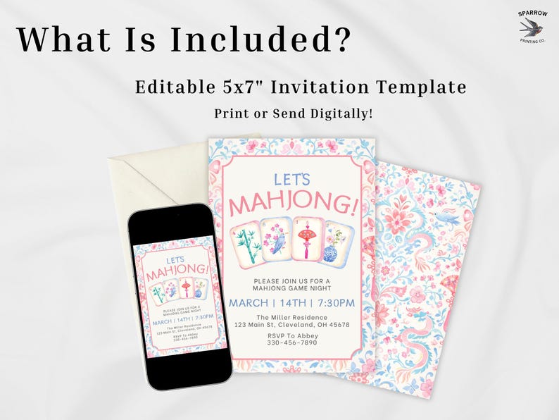 A 5x7 inch invitation template for a Mahjong game night. The invitation features a floral design with the text "Let's Mahjong!" and event details. There is also a smartphone displaying the invitation.