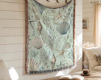 Seashell Woven Blanket: Coastal Beach House Throw - Made in USA