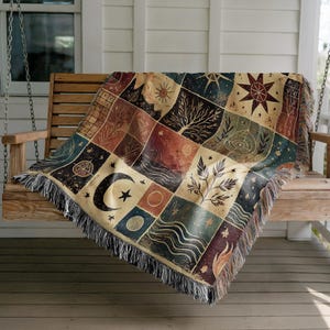 Celestial Patchwork Woven Blanket – Boho Sun & Moon Throw, Cosmic Tapestry, Astrology-Inspired Decor, Mystical Gift
