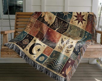 Celestial Patchwork Woven Blanket – Boho Sun & Moon Throw, Cosmic Tapestry, Astrology-Inspired Decor, Mystical Gift