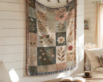 Vintage Floral Patchwork Woven Blanket: Cottagecore Cotton Throw