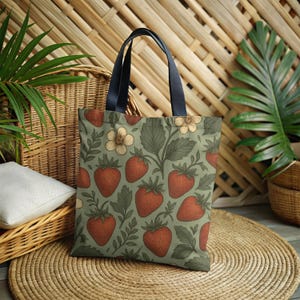 Strawberry Tote Bag: Botanical Print, Cottagecore Market Bag