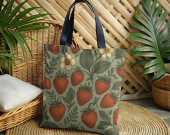 Strawberry Tote Bag: Botanical Print, Cottagecore Market Bag