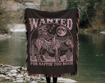 Skeleton Cowboy Throw Blanket: Gothic Western Tapestry