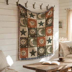 Celestial Patchwork Woven Blanket – Boho Sun & Moon Throw, Cosmic Tapestry, Astrology-Inspired Decor, Neutral Earth Tone
