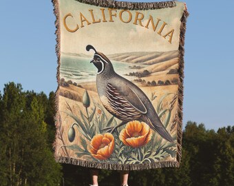 California Quail Woven Blanket: Rustic Coastal Home Decor