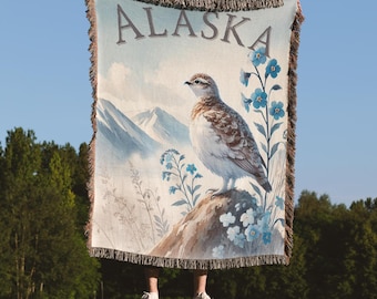 Alaska State Bird & Flower Blanket, Willow Ptarmigan Woven Throw, Nature Tapestry Blanket, Rustic Mountain Home Decor, Arctic Wildlife Gift
