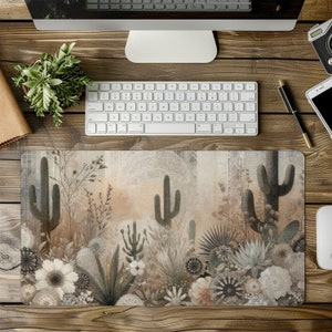 Boho Neutral Desk Mat - Desert Coastal Cowgirl Large Mousepad - Western Cactus & Succulent Botanical Design - Desk Decor - Gaming Desk Mat