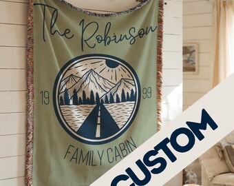 Custom Woven Cabin Blanket: Personalized Family Name & Year, Rustic Lodge Decor