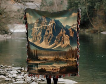 Rocky Mountains Landscape Woven Jacquard Cotton Blanket - Rustic Home Decor, Mountain Tapestry Throw, Artistic Nature-Inspired Coverlet